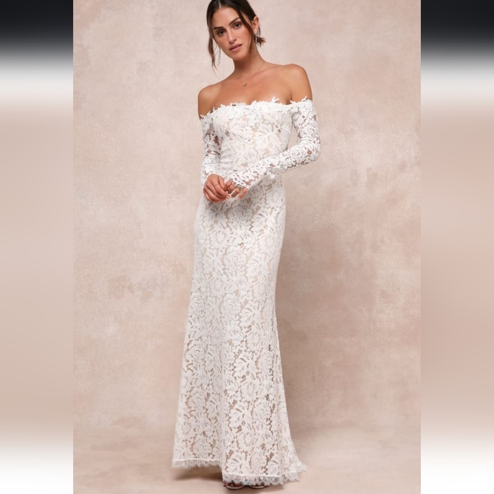 Lulu's White Lace Off-Shoulder Wedding Dress